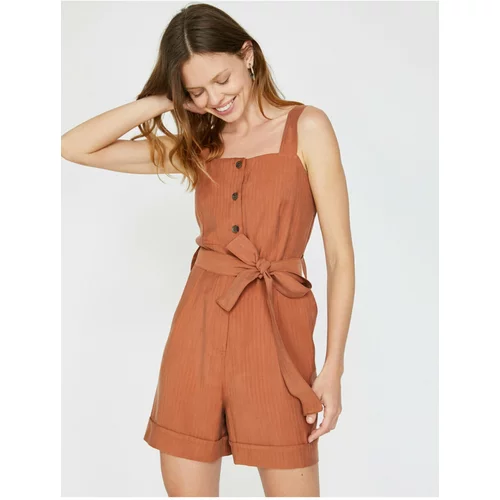 Koton Women's Brown Collar with Button Detailed Tie Waist, Pocket Detailed Rompers