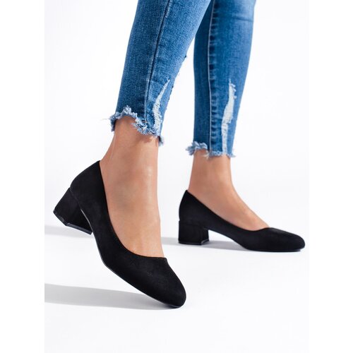 Shelvt Women&amp;#039;s suede pumps with low heels black Slike