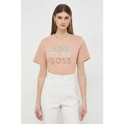Boss Bombažna kratka majica ženski, bež barva