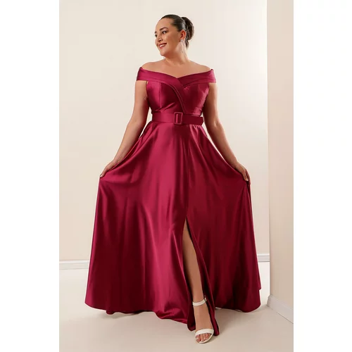 By Saygı Madonna Collar, Waist, Belted, Lined Plus Size Long Satin Dress with a Slit