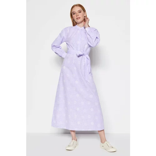 Trendyol Lilac Belted and Checkered Floral Patterned Half Paw Knitted Dress
