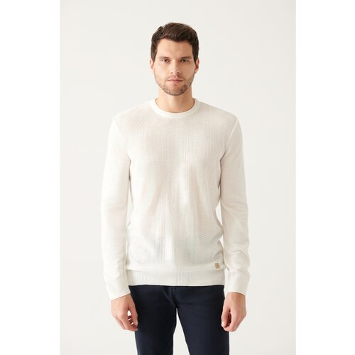 Avva Men's White Crew Neck Herringbone Patterned Standard Fit Regular Cut Knitwear Sweater Slike
