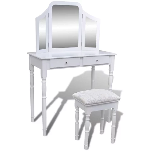 vidaXL Toaletna miza s 3 v 1 ogledalom in stolčkom 2 predala bela