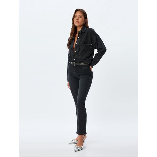 Koton High Waisted Jeans Slim Fit Straight Leg Buttoned Cotton - Slim Straight Fit Jean Slike