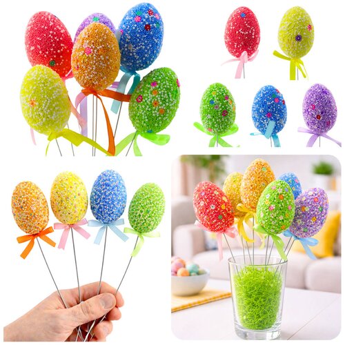  Easter Eggs On A Wire Pick Colorful White Patterns Ribbon Decoration 6pcs Slike