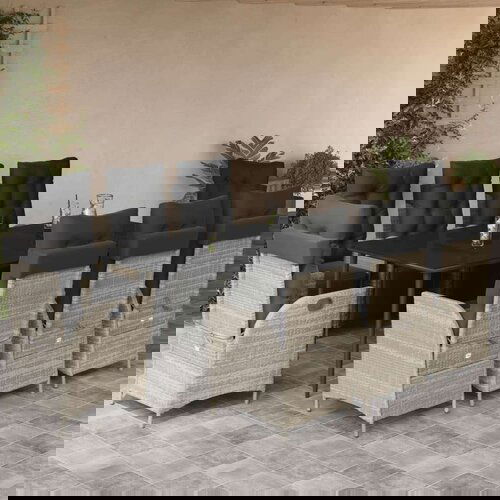  Vrtna garnitura - 9-dijelni vrtni blagovaonski set od poliratana s jastucima sivi - Dužina stola 200 cm Oštra noga 8 Cijene