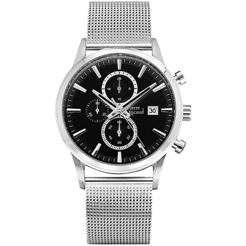 Pierre Ricaud muški chronograph crni srebrni elegantni ručni sat sa srebrnim pancir kaišem Slike