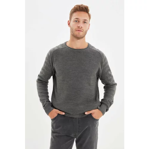 Trendyol Gray FL Men's Slim Fit Crew Neck Sleeve Textured Patterned Raglan Sleeve Knitwear Sweater