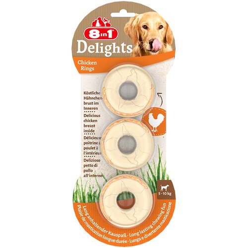 3 + 1 gratis! 4 x 8in1 grickalice za pse - Delights mesnati prsteni piletina, 12 kom. (4 x 119 g) Cijene
