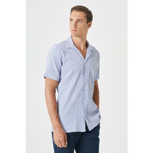 AC&Co / Altınyıldız Classics Men's White-blue Comfort Fit Relaxed Cut Mono Collar Seersucker Striped Shirt Cene