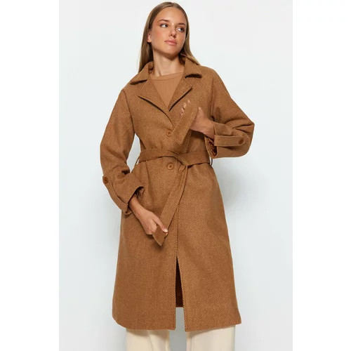Trendyol Camel Herringbone Pattern Oversize Wide-Cut Long Stamped Coat