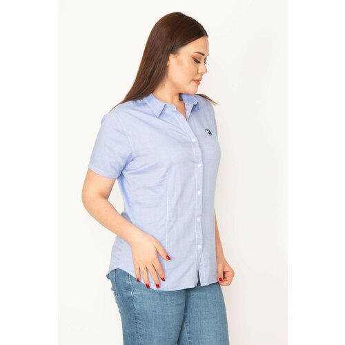 Şans Women's Plus Size Blue Front Buttoned Short Sleeve Shirt Slike