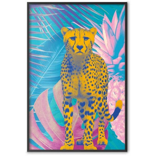  Plakat - Exotic Leopard - colorful portrait of a cheetah against tropical leaves 29.7x42 Crni okvir Slike