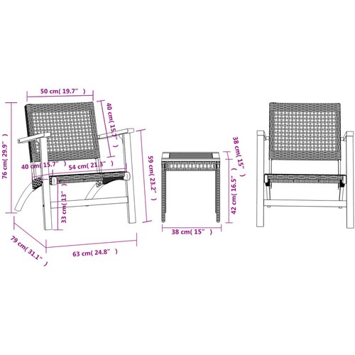  3-dijelni bistro set od poliratana i bagremovog drva crni Slike