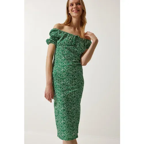 Happiness İstanbul Women's Green Patterned Gathered Knitted Dress