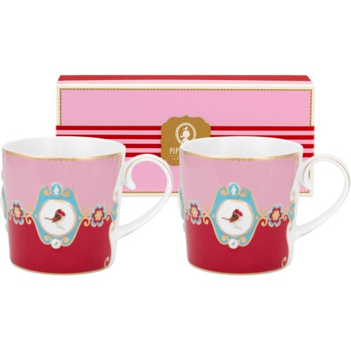 Pip Studio Love Birds Medallion Red-Pink skodelica z ročajem, komplet 2 kosov, majhna - 1 set Slike