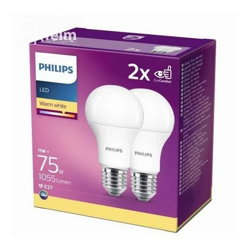 Philips LED žarulja, E27, A60, topla, 11W, mat. 2x