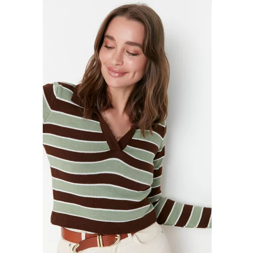 Trendyol Brown Crop Striped Knitwear Sweater