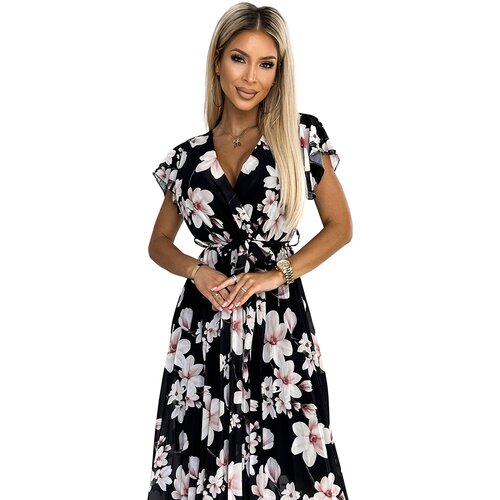 Numoco Pleated midi dress with neckline and ruffles Slike