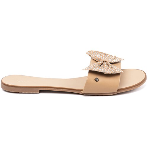 Shelvt Beige flip-flops with a bow in rhinestones Slike