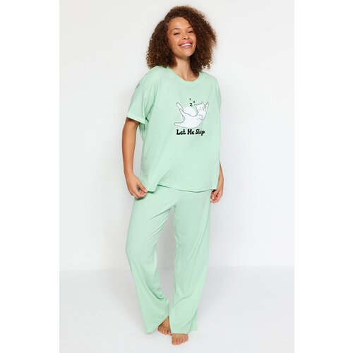 Trendyol Curve Plus Size Pajama Set - Green - Graphic Cene