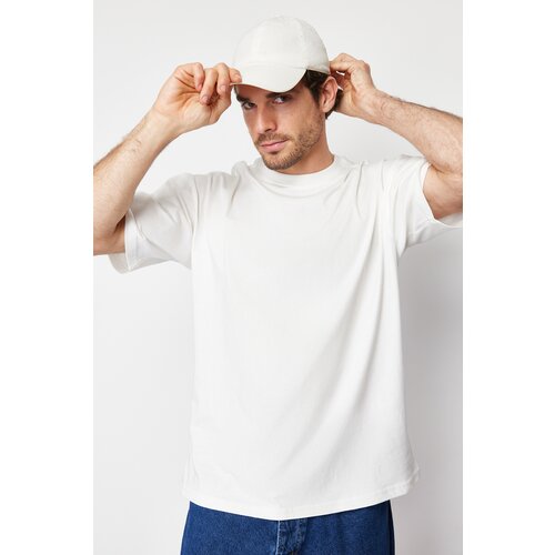 Trendyol ecru men's oversize back printed 100% cotton t-shirt Slike