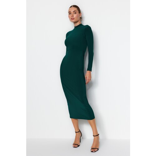 Trendyol Emerald Green Stand-Up Collar Fitted/Situated Maxi Stretch Knit Dress Cene