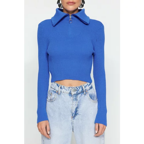 Trendyol Blue Crop Zipper Detailed Knitwear Sweater
