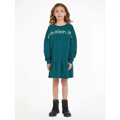 Calvin Klein Jeans Otroška bombažna obleka zelena barva