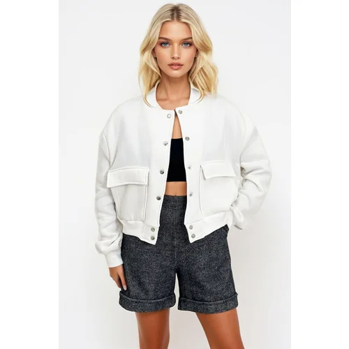 Trend Alaçatı Stili Women's White Snap Closure Double Pocket Raster Crop Jacket