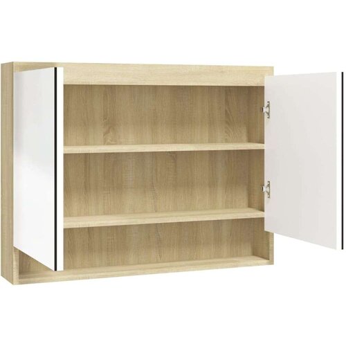 VidaXL Kopalni&amp;scaron;ka omarica z ogledalom 80x15x60 cm MDF bela in hrast Slike