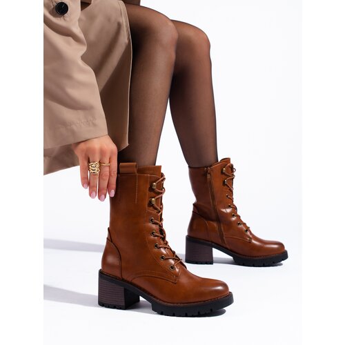 SHELOVET High brown lace-up ankle boots on heel Cene