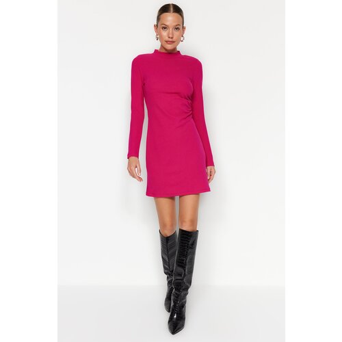 Trendyol Fuchsia Stand-Up Collar, Fitted, Knitted Mini Dress with Pleats Slike