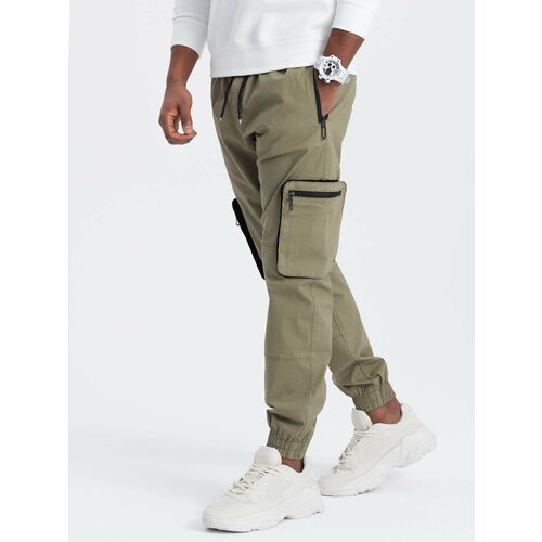 Ombre Men's JOGGER pants with zippered cargo pockets - light olive Slike