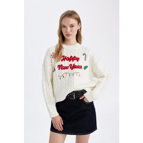Defacto New Year Themed Crew Neck Hair Knitting Patterned Knitwear Sweater Slike
