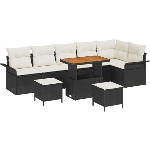 VidaXL 9-dijelni vrtni sofa set s jastučićima crni poliratan akacija, dvosed vrtni sofa sa skladi&amp;scaron;tem i jastučićima crni poliratan, 3-dijelni vrtni set za objedovanje s jastučićima crni poliratan akacija Slike