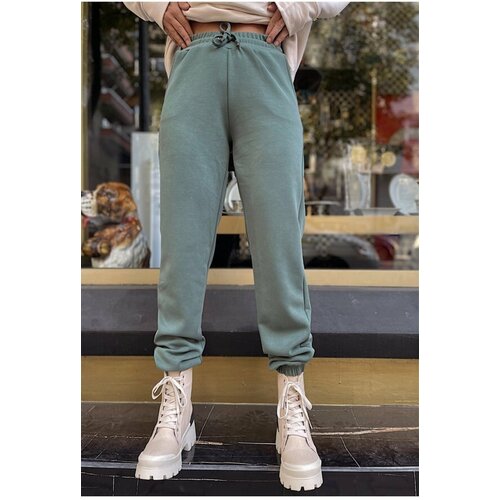 Laluvia Mint Green Soft Textured Modal Trousers with Elastic Legs Slike