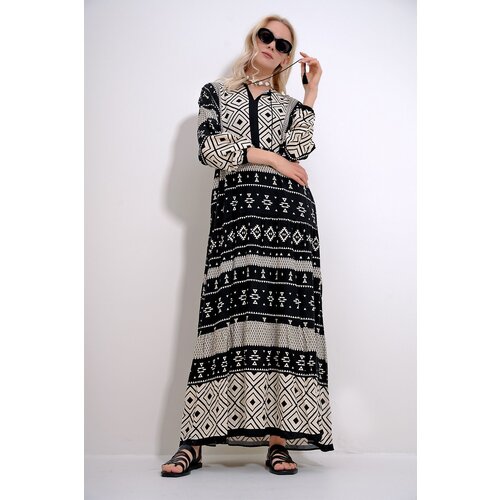 Trend Ala&amp;ccedil;atı Stili Women&amp;#039;s Ecru-Black Collar Tassel Detailed Layered Flounced Ethnic Patterned Woven Viscose Dress Slike