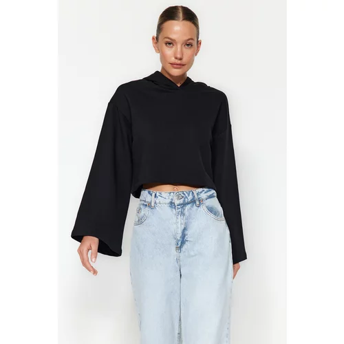 Trendyol Black Crop Spanish Sleeve Hoodie Thick/Fleece Knitted Sweatshirt