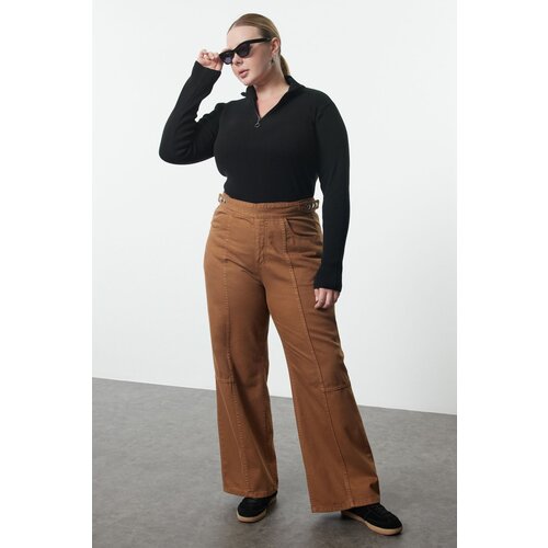 Trendyol Curve Light Brown Adjustable Waist Wide Leg Plus Size Jeans Cene