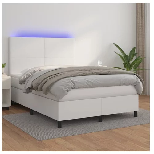  Box spring postelja z vzmetnico LED bela 140x200cm umetno usnje