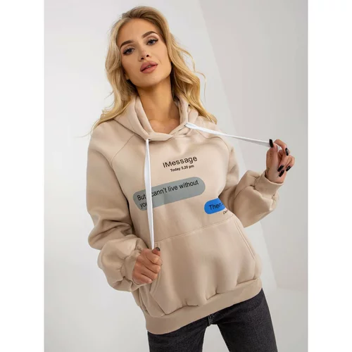 Fashion Hunters Beige sweatshirt with a print and a hood