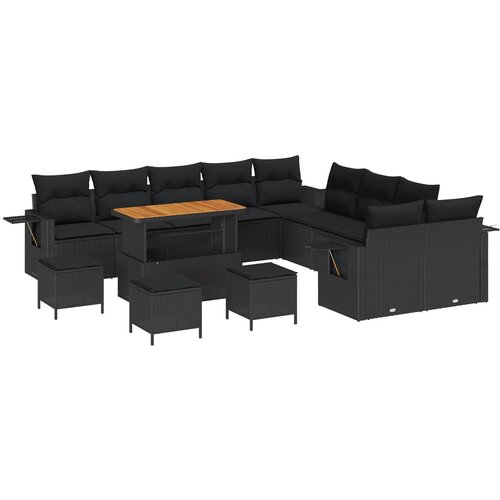 VidaXL 14-delni Vrtni Sofa Set z Blazinami Črna Poli Ratan Akacija, 4-delni Vrtni Jedilni Set z Blazinami Črna Poli Ratan Akacija Slike