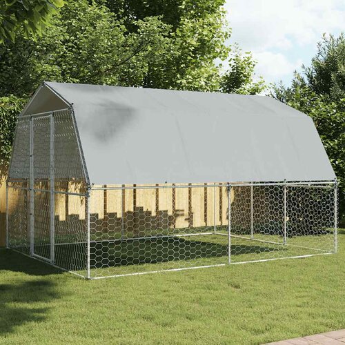 vidaXL Pasji boks s streho in vrati srebrno pocinkano jeklo - - Srebrna - 53.6 - 375 x 285 x 230 cm - 2025- Cene