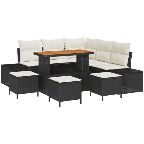 vidaXL 9-dijelni vrtni set za sofe s jastucima Crni poli ratan akacija, 2-sjedna vrtna sofa s jastucima Crni poli ratan, 4-dijelni vrtni blagovaonski set s jastucima Crni poli ratan akacija Cijene