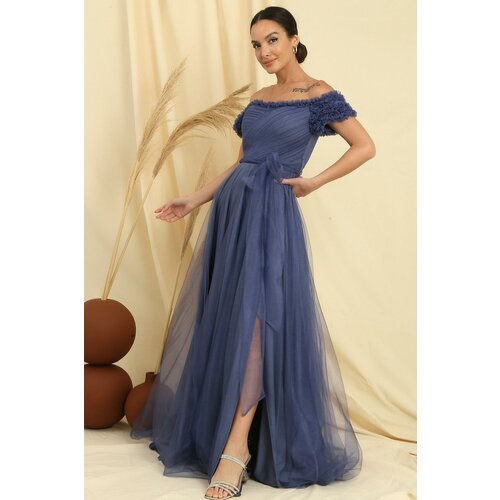 By Saygı Frilly Belted Collar And Sleeves Lined Long Tulle Dress Slike