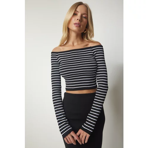 Happiness İstanbul Women's Black Square Collar Striped Crop Blouse