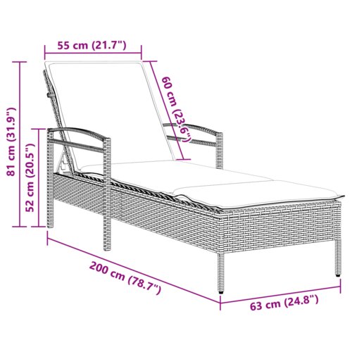 VidaXL Ležaljka na suncu s jastučićem smeđa 63x200x81 cm Poli ratan Slike