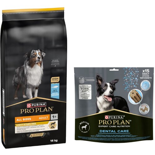  12 kg / 14 kg PURINA PRO PLAN + Dental Care grickalice gratis! - 14 kg All sizes Light Sterilised riba + 345 g Dental Care Medium Dog Cene
