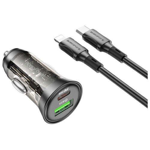 Borofone Auto Punjač sa kablom 1m Type-C to iPhone/lightning BZ26A Shadow PD43W USB + Type-C car set transparent black Slike